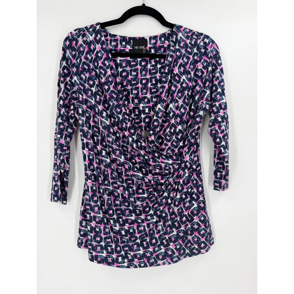 Nic+Zoe Faux Wrap Top Womens M Pink Navy Geometric Surplice 3/4 Sleeve Career